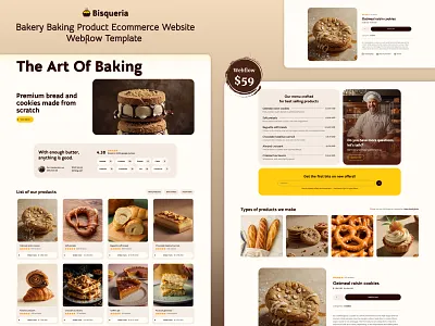 Bisqueria - Food and Drink Ecommerce Website Webflow Template bakery webflow website template bakery website business cafe website design drink website template ecommerce website template food website template graphic design mobile friendly responsive seo friendly uiux web design web development webflow website webflowecommerce