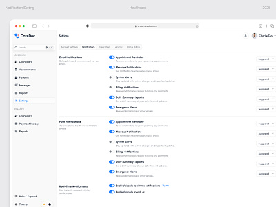 Doctor Notification Setting Page Design 🩺 doctor dashboard doctor management emr design health saas dashboard healthcare app design healthcare dashboard healthcare platform healthcare product design healthcare saas healthcare ux hospital management system medical saas medical software ui minimal design patient management setting page setting ui design telemedicine dashboard ui design ux design