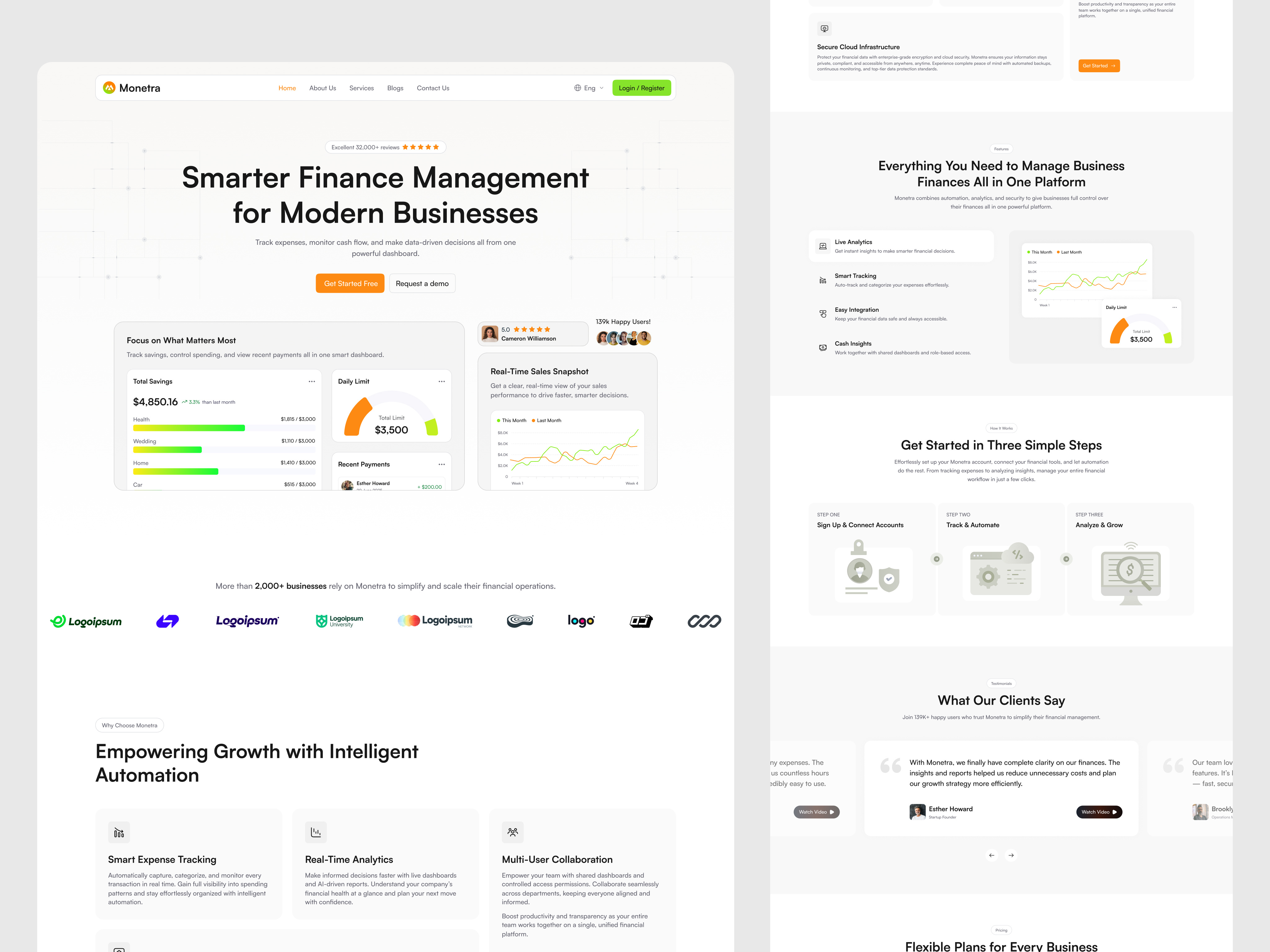 Monetra – Fintech Landing Page Design b2b b2c company dashboard expense tracker feature finance finance app fintech ui landing page mobile wallet payment pricing section design product design saas saas landing page ui ux web app web design