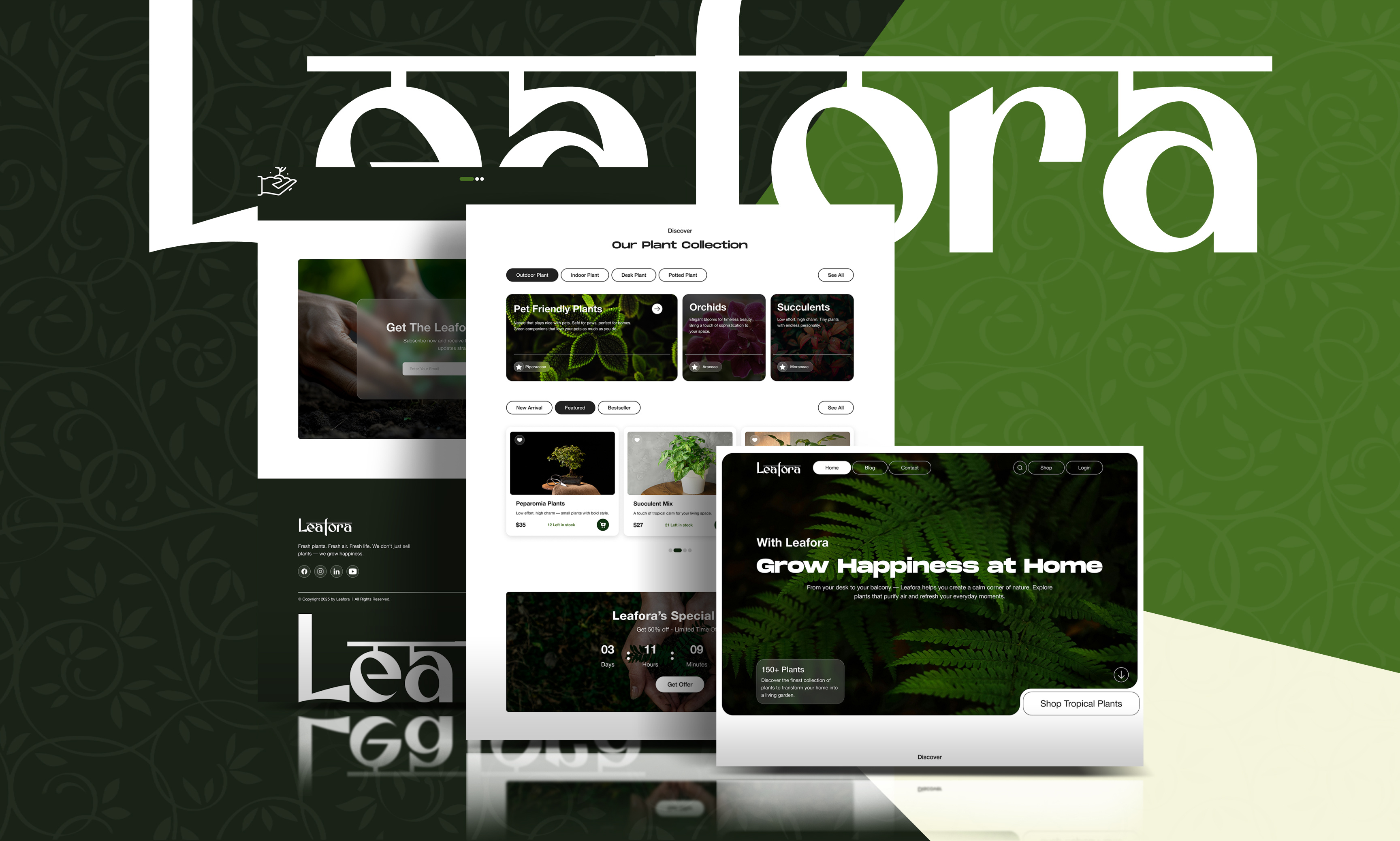 Leafora — Minimal Plant E-commerce Website UI/UX Design branding clean interface creative design design inspiration e commerce ecommerce website figma figma design graphic design landing page minimal design mobile app nature design plant plant website prototyping ui ui design uiux ux design