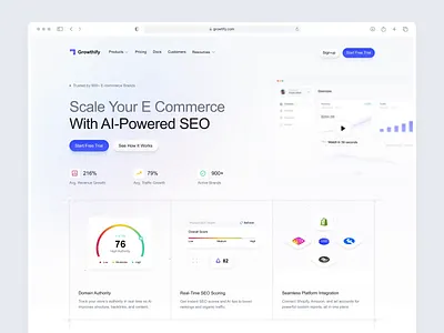 Growthify—AI-Powered Ecommerce Landing Page ai ai powered analytics animate automation b2b brand growth clean dipa inhouse ecommerce hero section landing page micro interaction minimal modern saas startup uiux web design website