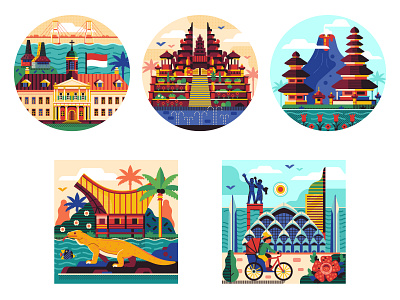 Indonesia Travel Scenes badges bali comodo flat geometric icons illustration indonesia indonesian landmarks scenes symbols temple tourist travel vector