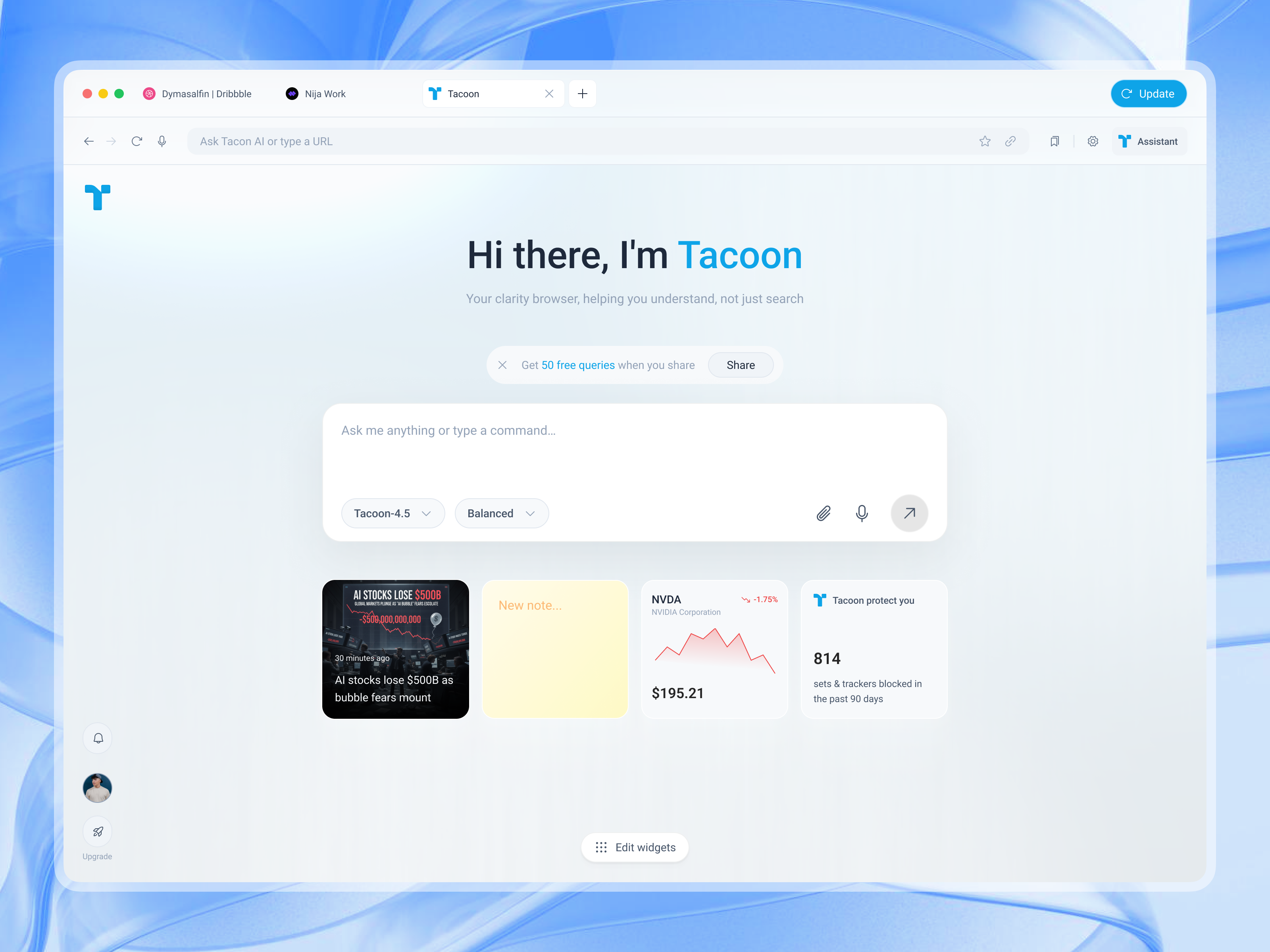 Tacoon — Your Clarity Browser browser browser app browser online browser ui browser ux chrome desktop figma firefox google gradient mozilla opera product design safari tacoon ui web app web design website