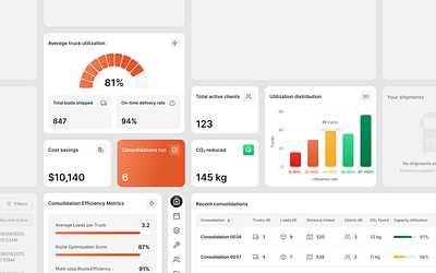 Logistics Consolidation Dashboard cargo management consolidation dashboard freight management logistics logistics dashboard logistics software product design route optimization supply chain transportation management system truck utilization ui ui design ux design