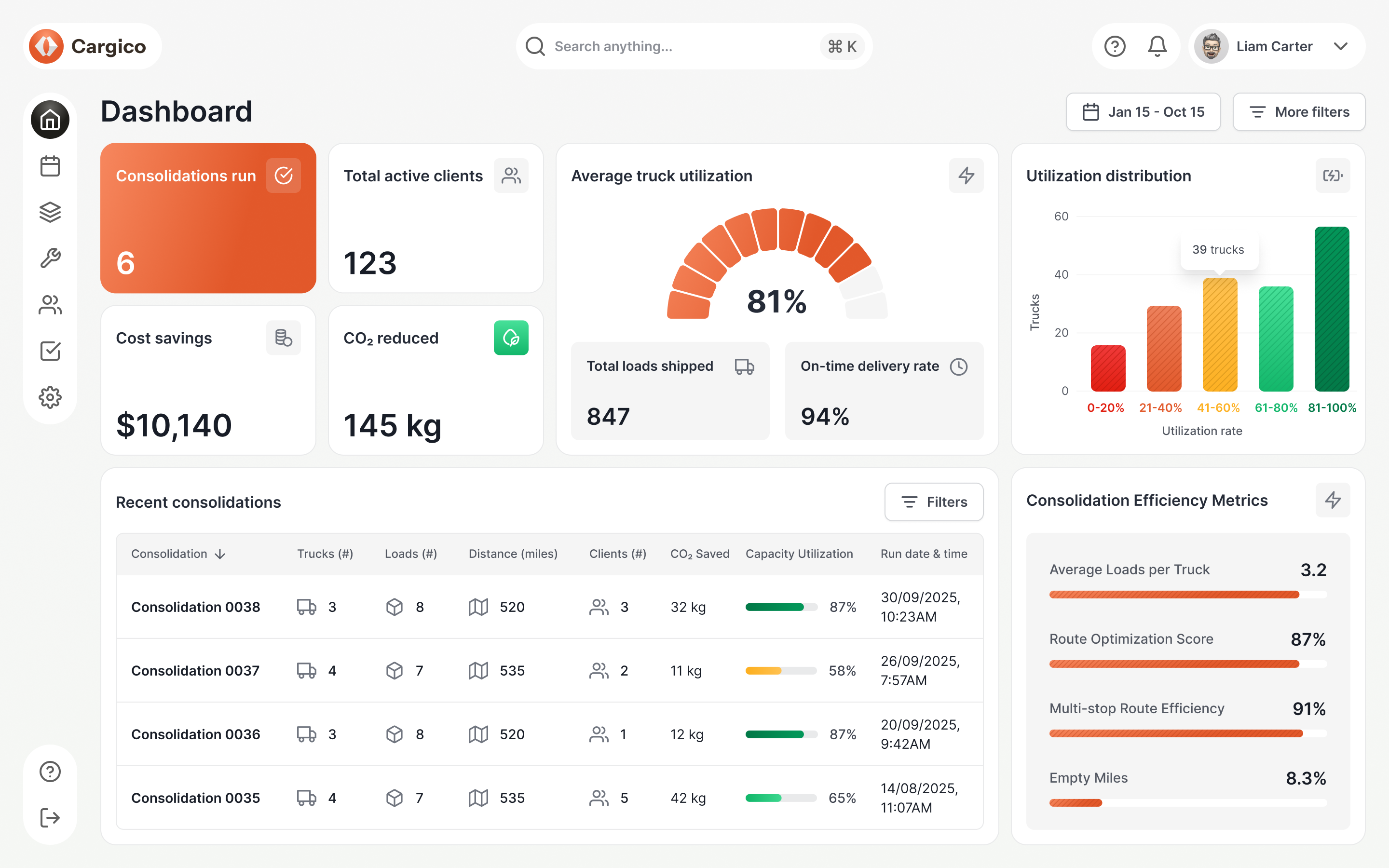 Logistics Consolidation Dashboard cargo management consolidation dashboard freight management logistics logistics dashboard logistics software product design route optimization supply chain transportation management system truck utilization ui ui design ux design