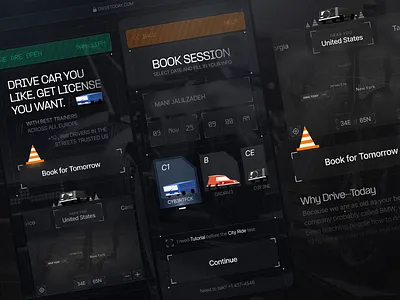 Geometrical UI/UX Design of a booking flow for Driving School booking car clean dark dark mode diving school driving interface landing page login mani jalilzadeh maximalist minimal product sign up ui ui design ux