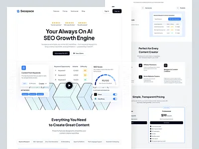 Seospace - AI Generative SEO Landing Page (Light Version 1) ai article ai content creation ai content editor ai content marketing ai generative seo ai seio keyword ai seo backlinks blog keyword generator content automization content performance keyword analysis keyword research landing page light mode minimal saas seo analytics seo platform seo score