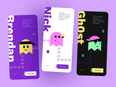 Vibrant Mobile App Design – Team Member Cards app concept app design app designer character design colorful design creative ui design inspiration figma gamified design ios minimal design mobile app design modern ui pixel art playful design product design team design ui design ux design vibrant colors