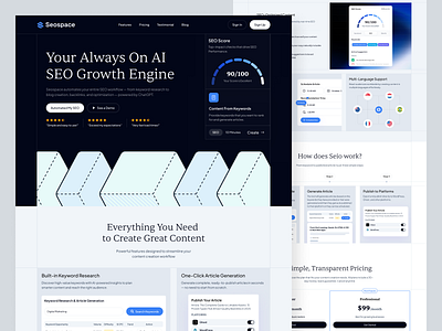 Seospace - AI Generative SEO Landing Page (Light Version 2) ai ai article ai content creation ai content editor ai content marketing ai seo ai seo keyword content automization content performance graphic design keyword analysis keyword research landing page saas seo seo analytic seo platform ui web design website design