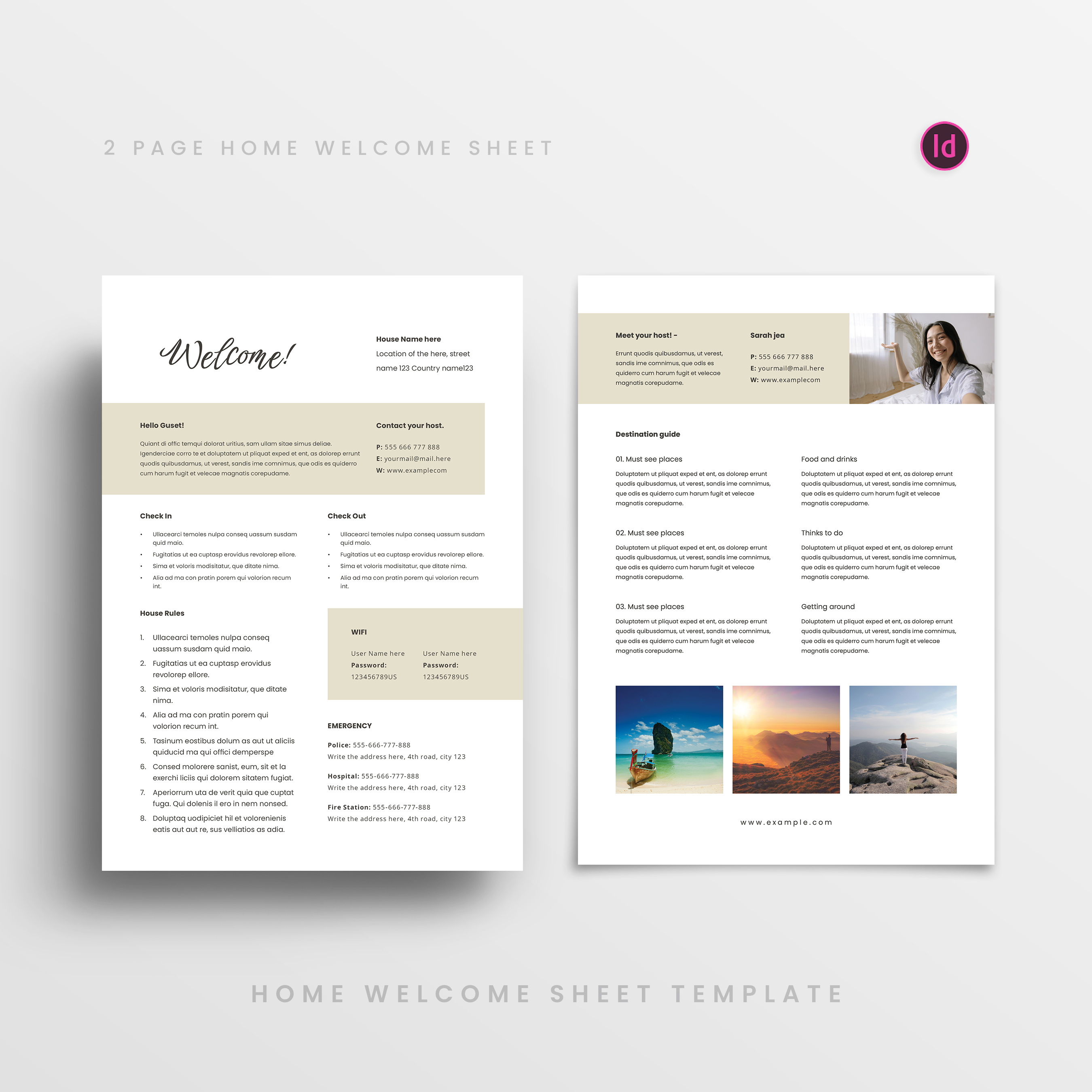 Home Welcome Sheet accommodation agency book booklet corporate document guest guide home host human information management minimal print profile real estate rental welcome