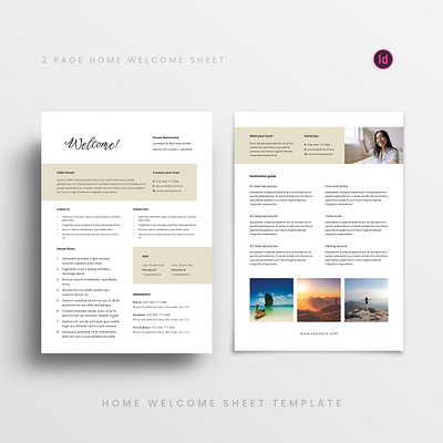 Home Welcome Sheet accommodation agency book booklet corporate document guest guide home host human information management minimal print profile real estate rental welcome
