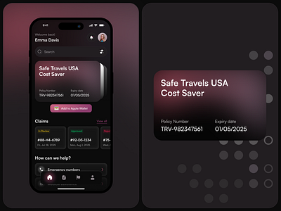 Insurance App — Dark Theme dark dark mode ui darktheme digital wallet fintech glassmorphism health insurance insurance app ios app mobile mobile app modern policy management travel insurance ui ui design ux ux design