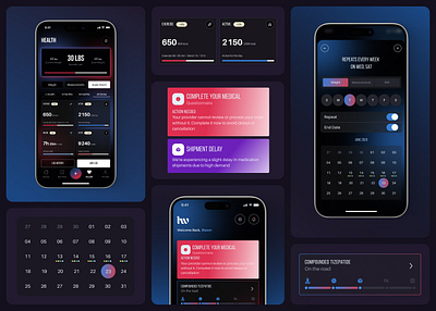 Medical Mobile UI for Wellness Tracking & Medication Management ai health assistant dark mode design data visualization digital health fitness app glp 1 health app health dashboard health monitoring healthcare ux healthtech medical dashboard medication tracker mens health mens wellness app mobile app design pharmacy app product design telemedicine ux ui design