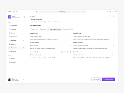 Create Discount – Targeting & Audience accessibility dashboard design ecommerce marketingops marketplace productdesign saas ui ux