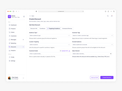 Create Discount – Targeting & Audience accessibility dashboard design ecommerce marketingops marketplace productdesign saas ui ux