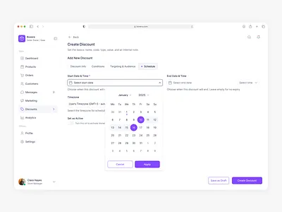 Create Discount – Schedule accessibility dashboard design designsystem ecommerce marketingops marketplace productdesign saas ui ux