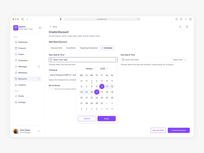 Create Discount – Schedule accessibility dashboard design designsystem ecommerce marketingops marketplace productdesign saas ui ux