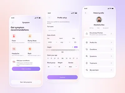 HealthEase – Smart Symptom & Patient Profile App UI app appinterface cleanui designinspiration digitalhealth gradientui healthcareapp healthtech healthtracker medicalui minimaldesign mobile mobile app design mobileappdesign modernui productdesign symptomchecker uiux uxdesign wellnessapp