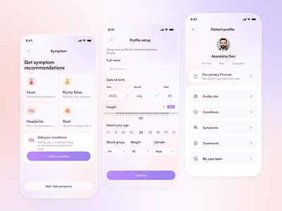 HealthEase – Smart Symptom & Patient Profile App UI app appinterface cleanui designinspiration digitalhealth gradientui healthcareapp healthtech healthtracker medicalui minimaldesign mobile mobile app design mobileappdesign modernui productdesign symptomchecker uiux uxdesign wellnessapp