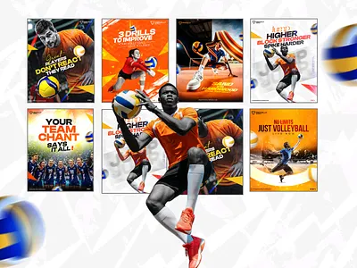 High-Energy Volleyball Social Kit athlete branding campaign coaching creative direction drills figma grain texture halftone hype instagram carousel kinetic typography motion blur orange palette photoshop poster social media design sports design team culture volleyball