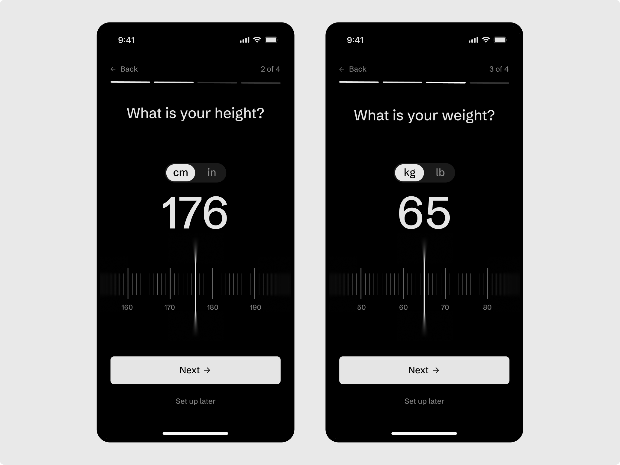 Onboarding UI — Height & Weight Setup calm design clean ui dark mode interaction design minimal design mobile ui modern app design onboarding product design ui ui ux user flow wellbeing wellness app