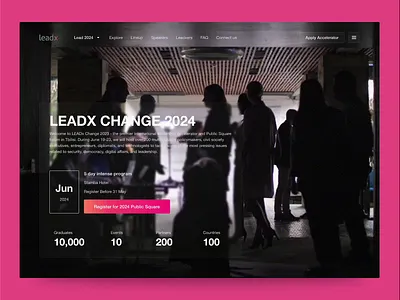 Landing Page for Leadership Accelerator and Public Square forum accelerator branding conference digital transformation event event website forum freelance glassmorphism international event landing page leadership leadx liquid glass public sector re design tbilisi ux design visual identity web design