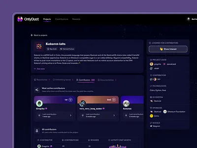 Overview project page - Open source project contributors dark desktop layout open source project page tab tabs ui ux