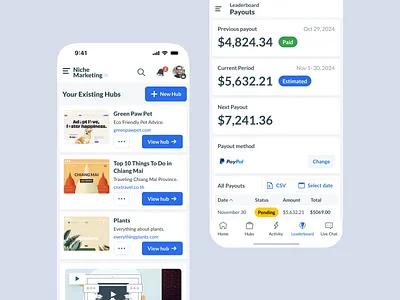 Business Hubs & Payout Screens — Mobile UI app appdesign boldtypography businessapp cleandesign fintech interactiondesign mobile mobileappdesign modernui payouts ui uidesign uiux ux uxdesign