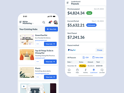 Business Hubs & Payout Screens — Mobile UI app appdesign boldtypography businessapp cleandesign fintech interactiondesign mobile mobileappdesign modernui payouts ui uidesign uiux ux uxdesign
