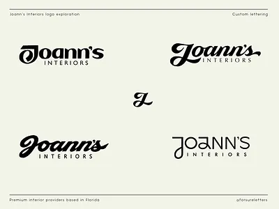Joann's Interiors : logotype exploration authentic branding calligraphy classy flow graphic design highend iconic identity interiors lettering logo luxury premium quality script sophisticated type unique wordmark