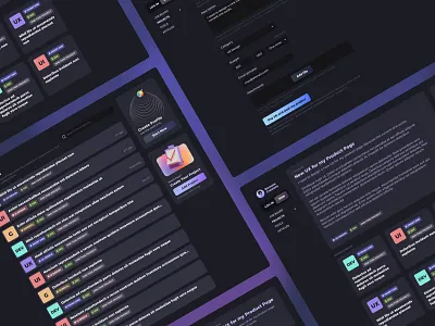 Community Platform — Dark Mode Screens Spread cards cardsui clean cleandesign communityplatform darkmode interactiondesign modernui responsive uidesign uiux uxdesign webdesign