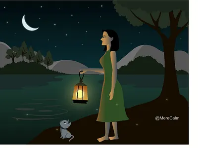 Girl Under Starry Night — Magical 2D SVG Animation 2d calm cat fantasy fireflies girl lamp lantern loop animation magical merecalm motion graphics mountains night night sky river stars storytelling svg animation vector