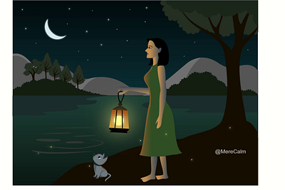 Girl Under Starry Night — Magical 2D SVG Animation 2d calm cat fantasy fireflies girl lamp lantern loop animation magical merecalm motion graphics mountains night night sky river stars storytelling svg animation vector
