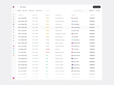 Invoice List app design board invoice list design product design table design table list ui ui design ux ux design views web design
