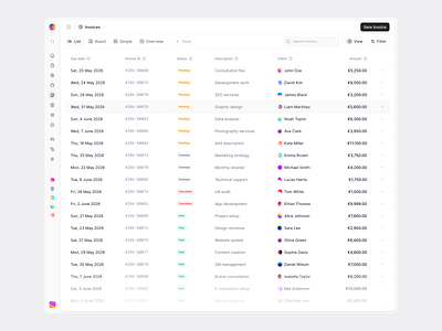 Invoice List app design board invoice list design product design table design table list ui ui design ux ux design views web design