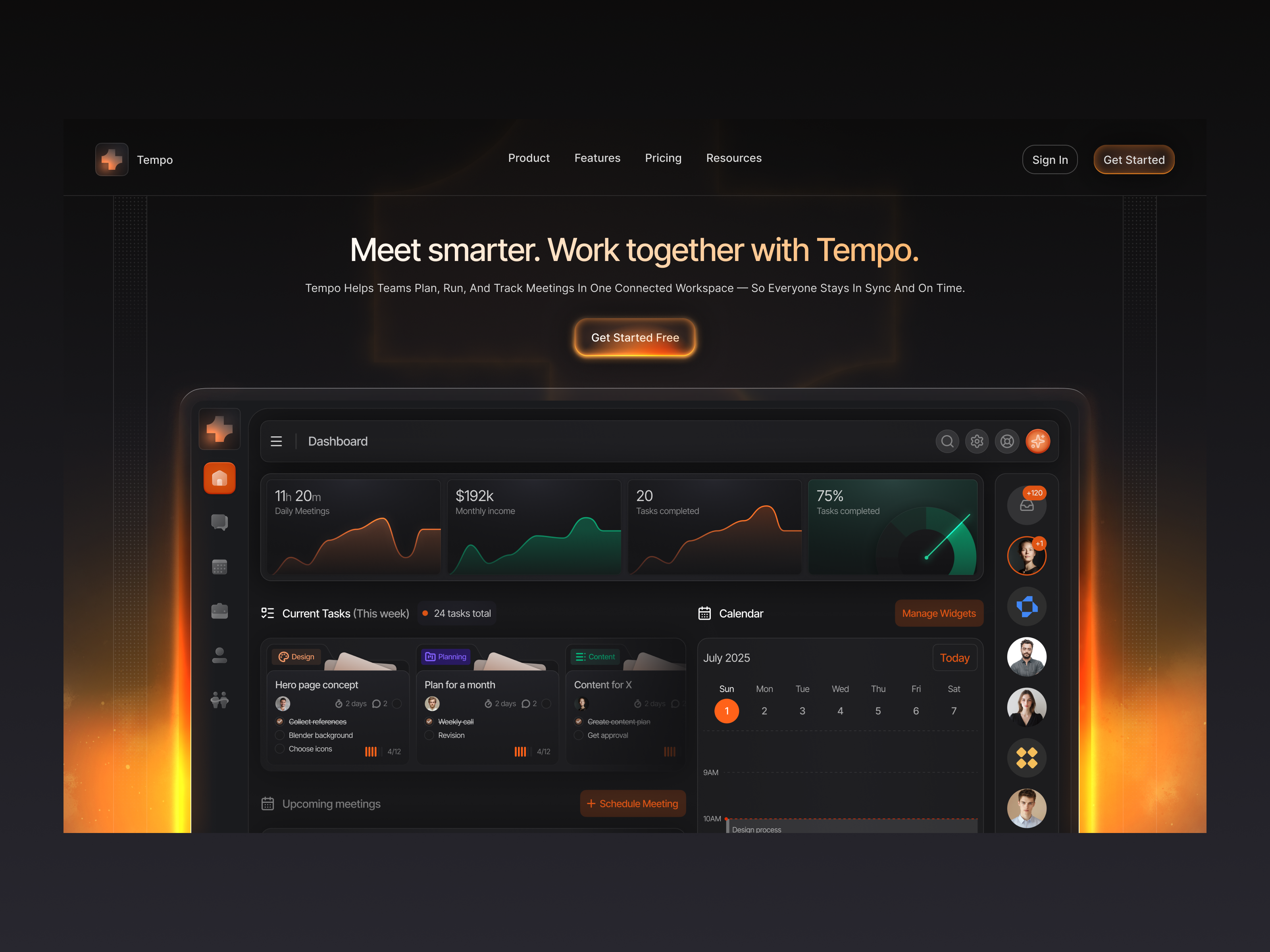 Tempo - Hero section for Analytics platform ai analytics clean dark dashboard design fire hero landing magic orange page platform productdesign saas team ui ux web website