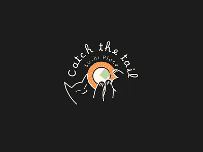 Catch the tail: Sushi place logo concept brand identity branding cat character design circular logo cute food food logo hand drawn illustration line art logo logo design mascot playful restaurant restaurant branding sushi warm up whimsical