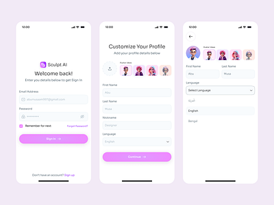 Sculpt AI — App Flow Exploration ai aiapp aigenerator appconcept appdesign dribbble figma mobileui musa onboarding profileui saasdesign sign in uiux uxdesign