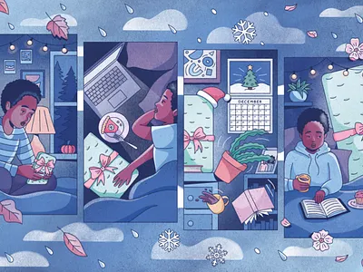 The Gift blossoms editorial illustration illustration leaves light procreate seasons shaddow snowflakes texture woman