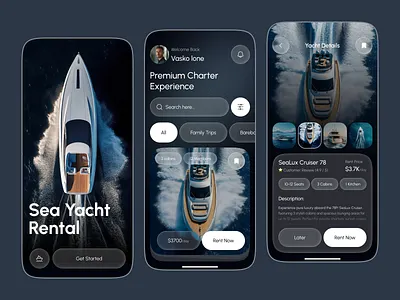 Yacht Rental App Design app concept boat rental booking booking app charter app dark theme ui interaction design luxury yacht maritime app mobile app design mobile design premium experience rental rental app responsive design sea yacht travel app ui user interface yacht rental app yachting