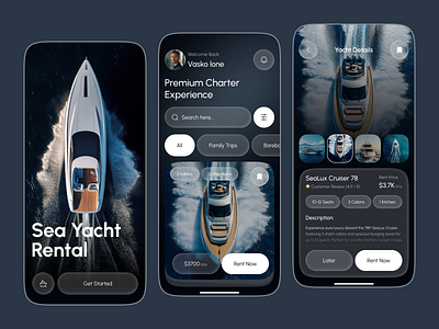 Yacht Rental App Design app concept boat rental booking booking app charter app dark theme ui interaction design luxury yacht maritime app mobile app design mobile design premium experience rental rental app responsive design sea yacht travel app ui user interface yacht rental app yachting