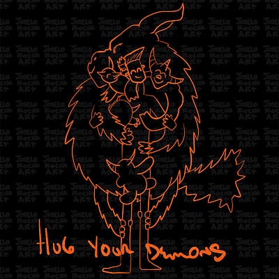 Hug Your Demons creative deep demon demons doodle embrace fun funny hug humor illustration joselo rocha art line drawing mental health message playful positive quirky self love whimsical