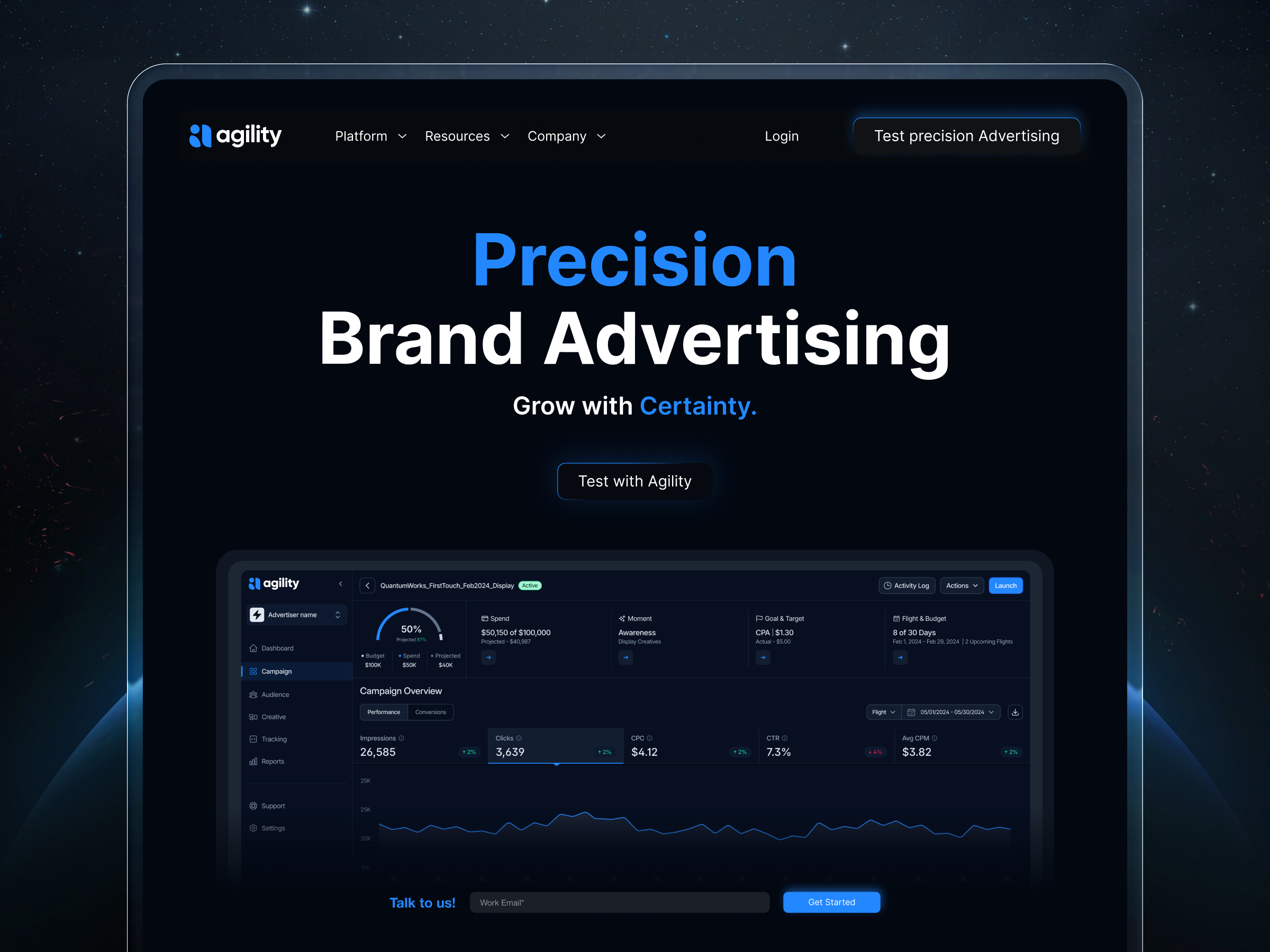 Website for a Precision Brand Advertising Company – Agility ads advertising agency astronaut conversion design framer landing page modern ocr space ui universe ux webdesign