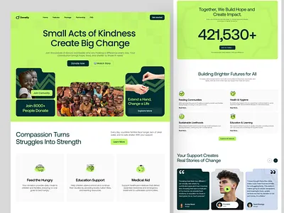 Donatly - Donation Landing Page agency branding charity clean donate donation fundraiser green header hero section illustration kids landing page modern portfolio product ui web design website
