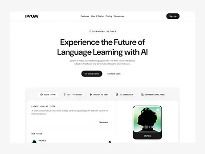 IPSUM — AI Voice Language Learning Landing Page Animation ai platform animation clean ui conversational ai edtech website education tech hero layout landing page language learning minimalist interface modern ux pricing page product design saas platform speech to text testimonial section text to speech user friendly voice tutor web design