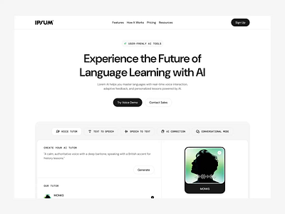 IPSUM — AI Voice Language Learning Landing Page Animation ai platform animation clean ui conversational ai edtech website education tech hero layout landing page language learning minimalist interface modern ux pricing page product design saas platform speech to text testimonial section text to speech user friendly voice tutor web design