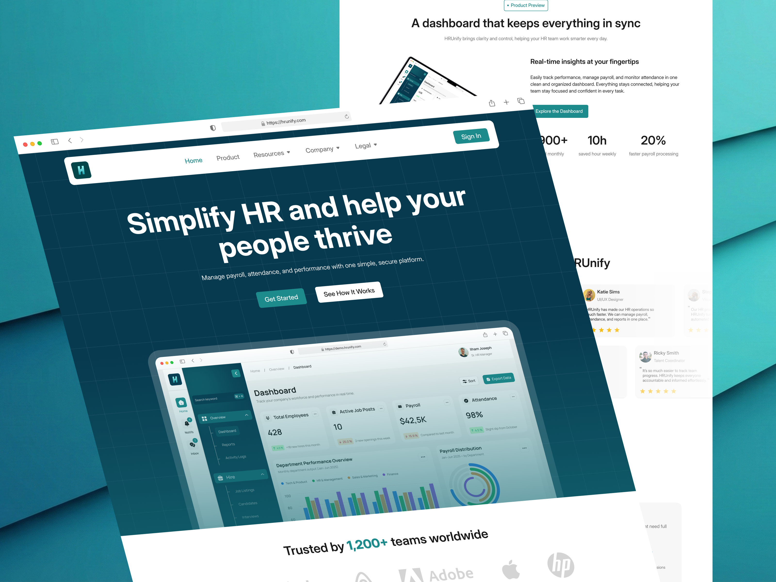HRUnify - HR Management SaaS Website graphic design hr hris hris app landing page resources saas scalixa scalixa studio tech uidesign website