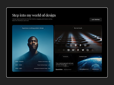 Designer Portfolio Website — About Section about section bento creativeportfolio dark design personalwebsite portfolio portfoliodesign product ui ui ux web website design