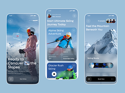 Ski Adventure Mobile App adventure design app design booking app clean ui interaction design ios app minimal design mobile app modern ui skiing app sport app travel app uiux design winter app
