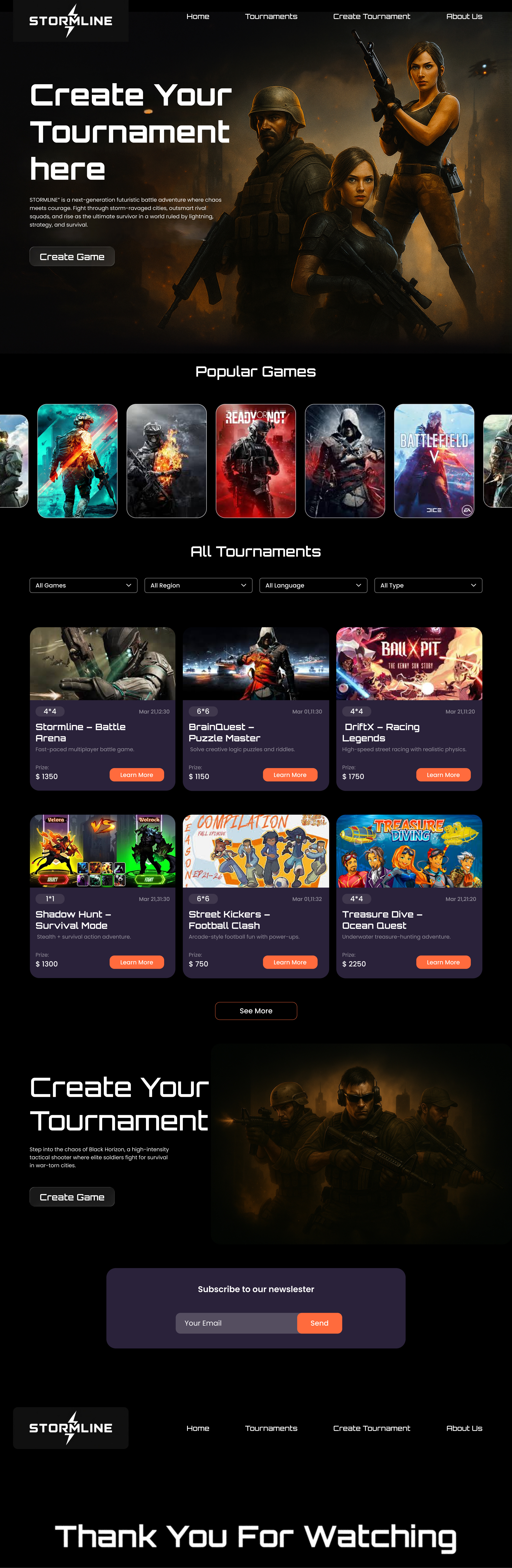 Stormline – eSports Tournament Platform Website UI Design bhaveshgohil darkthemeui esportsplatform figmadesign gameinterface gamingwebsite stormline uidesign uiux uxdesign webdesign